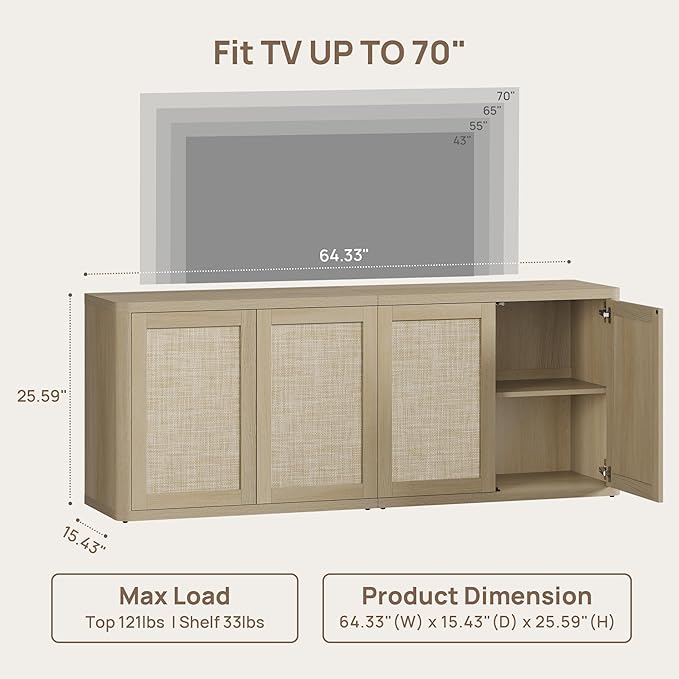 SICOTAS Rattan TV Stand for 65 70 inch TV - Large Entertainment Center TV Consoles for Living Room Bedroom, Farmhouse Television Stands with Storage Cabinet Boho Modular Media Console, Sand Oak