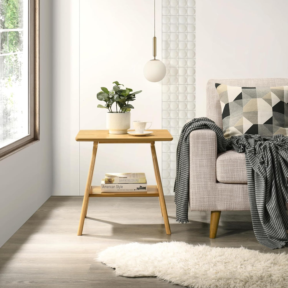 Roundhill Furniture Arona Mid-Century Modern Wood Shelf End Table, Natural Oa...