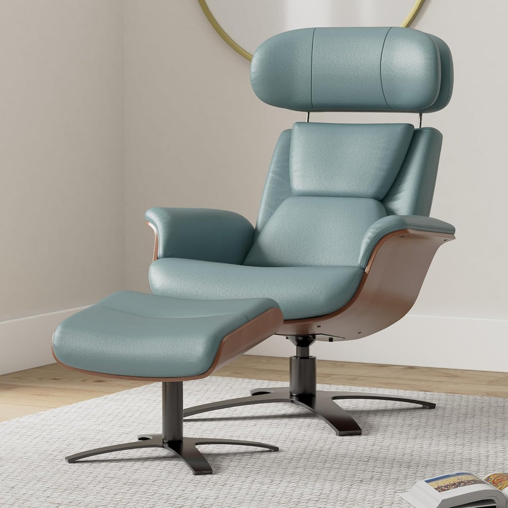 CHITA Genuine Leather Reclining Swivel Accent Chair with Ottoman, Teal | Eame...