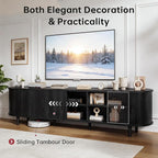 70" Mid Century Modern TV Stand, Wood TV Consoles with Sliding Doors and Power Outlet, Fluted Entertainment Center with Adjustable Shelves, Media Console for Living Room, Black