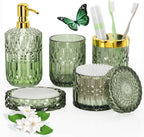 Green Glass Bathroom Accessories Set 5 Pcs, Green Bathroom Set, Soap Dispenser and Toothbrush Holder Set, Qtip Holder Set, Vintage Bathroom Sink Set, Cute Bathroom Decor
