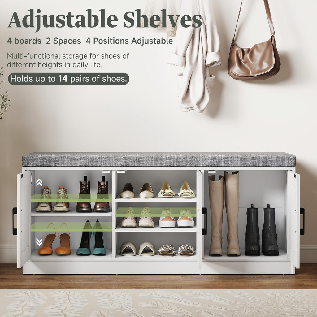 Turosur Shoe Storage Bench with Cabinet, 3-Tier Entryway Bench with Padded Seat Cushion, Shoe Cabinet Bench with 4 Adjustable Shelves for Bedroom, Mudroom, White