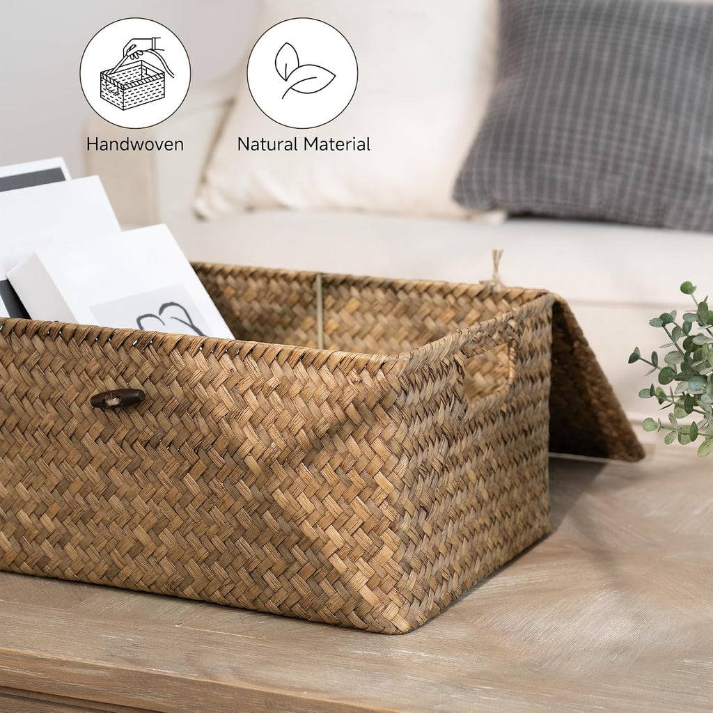 StorageWorks Wicker Storage Basket with Lid, Large Basket with Lid, Brown | Woven Baskets with Lids for Shelves, Wicker Storage Baskets with Lids, Decorative Box, Lidded Baskets for Organizing, 1 Pack