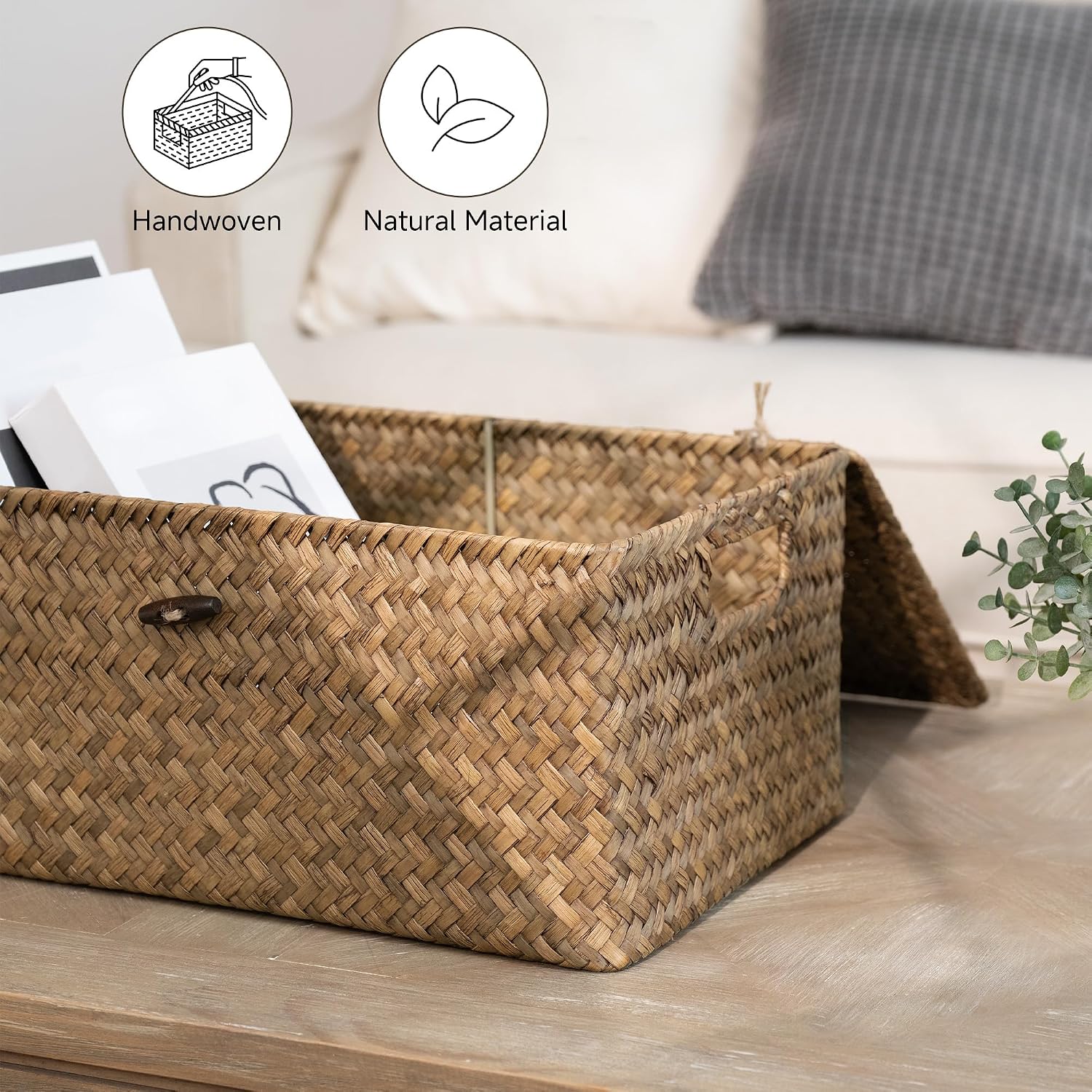StorageWorks Wicker Storage Basket with Lid, Large Basket with Lid, Brown | Woven Baskets with Lids for Shelves, Wicker Storage Baskets with Lids, Decorative Box, Lidded Baskets for Organizing, 1 Pack