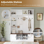 4-in-1 Hall Tree with Bench and Shoe Storage, Multi-functional Entryway Bench with Coat Rack, Storage Shelves, Shoe Cubbies, Adjustable Shelves, and 6 Hooks for Entryway, Hallway, White