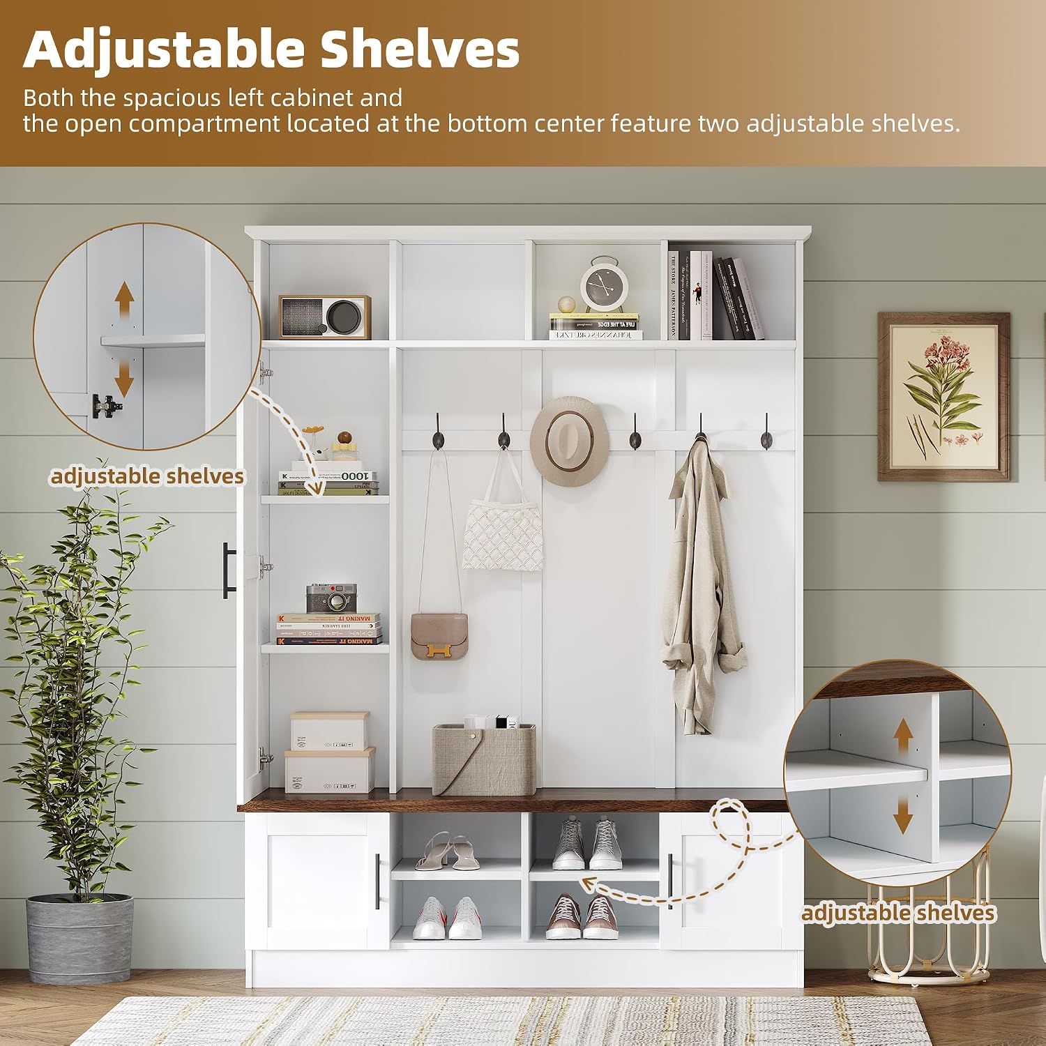4-in-1 Hall Tree with Bench and Shoe Storage, Multi-functional Entryway Bench with Coat Rack, Storage Shelves, Shoe Cubbies, Adjustable Shelves, and 6 Hooks for Entryway, Hallway, White