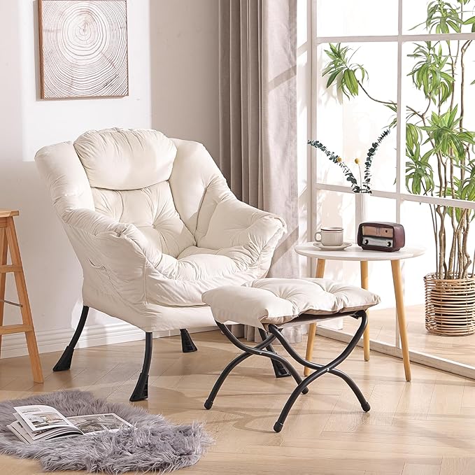 Welnow Lazy Chair with Ottoman, Modern Lounge Accent Chair with Armrests and a Side Pocket, Leisure Sofa Armchair, Reading Armchair with Footrest for Small Space, Beige