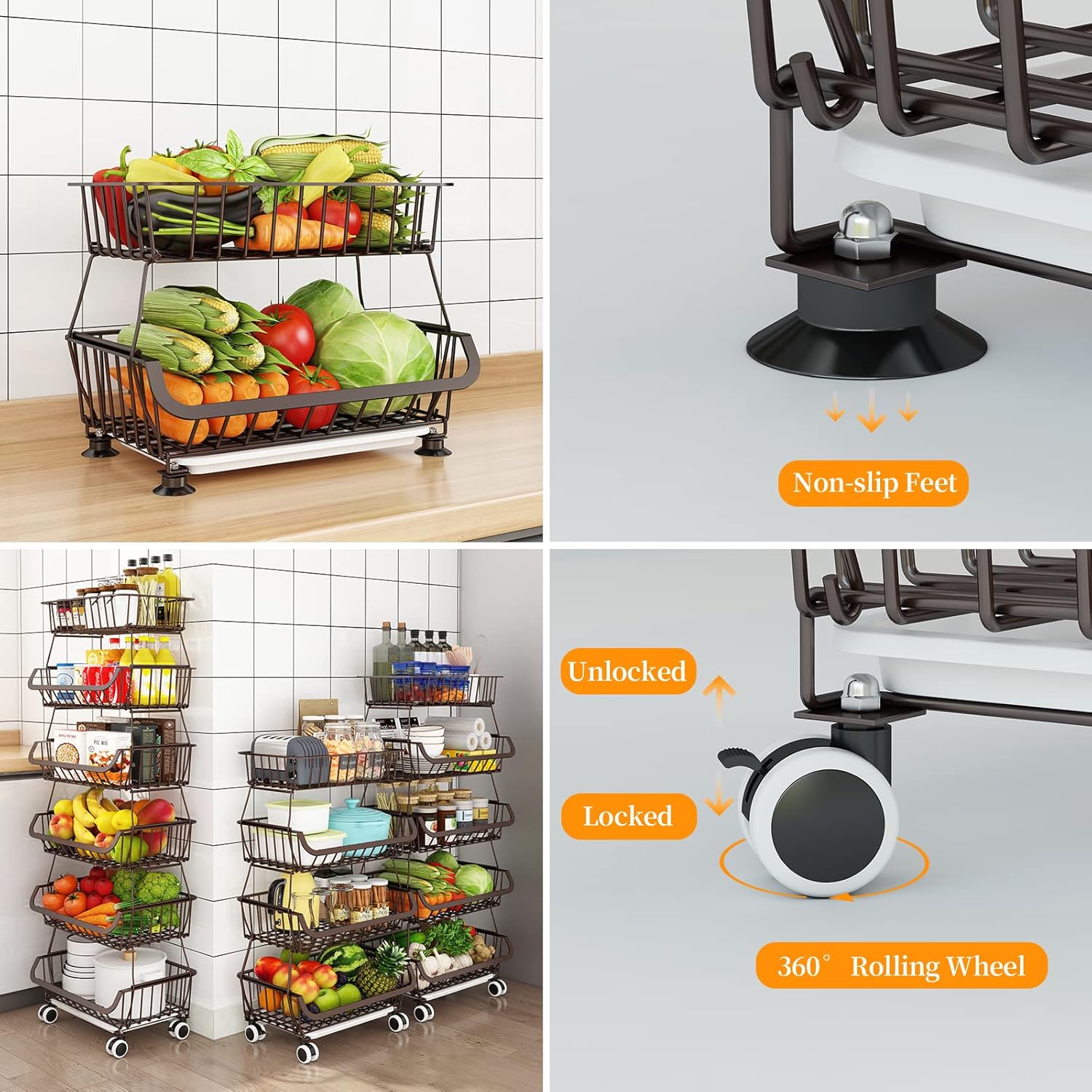 Miyawell Fruit Vegetable Storage Basket for Kitchen - 4 Tier Stackable Metal Wire Baskets Cart with Rolling Wheels Utility Fruits Rack Produce Snack Organizer Bins for Pantry Bathroom Laundry Bronze