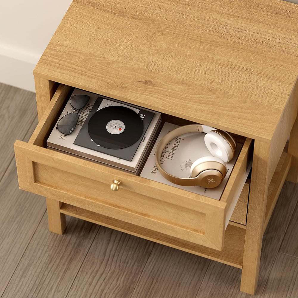 End Table with 2 Drawers, Farmhouse Nightstand with Open Shelf, Modern Bedsid...