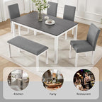 KEIKI 6-Piece Standard Height Dining Table Set with Rectangular Table, 4 Upholstered Curved Backrset Chair, Bench, for 6 Person, Modern Table Set, Easy Assembly, for Kitchen, Dining Room, White+Gray