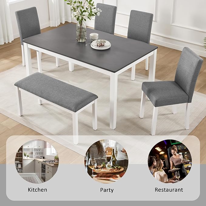KEIKI 6-Piece Standard Height Dining Table Set with Rectangular Table, 4 Upholstered Curved Backrset Chair, Bench, for 6 Person, Modern Table Set, Easy Assembly, for Kitchen, Dining Room, White+Gray