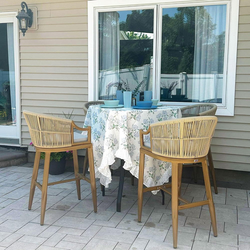 PURPLE LEAF Outdoor Bar Height Stools Set of 2 with Thick Cushion, Teak