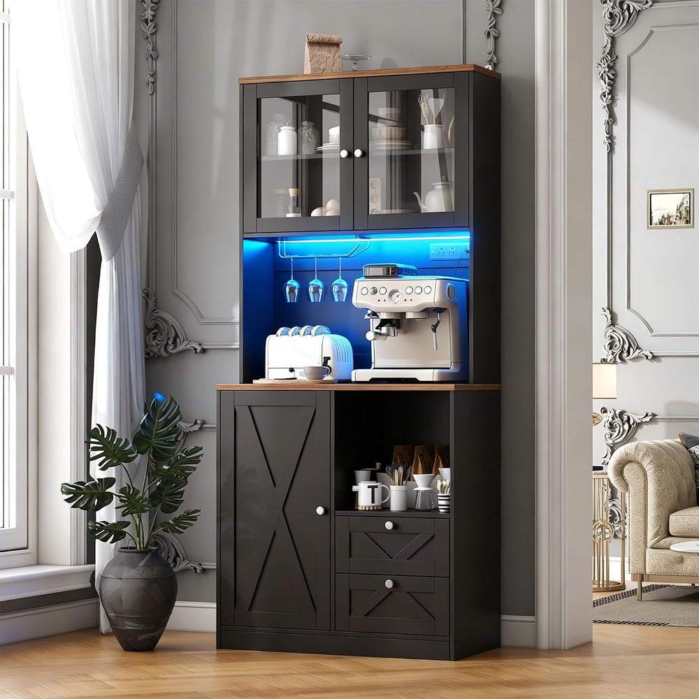 71" Tall Coffee Bar Cabinet with Storage Hutch, Farmhouse Kitchen Pantry...