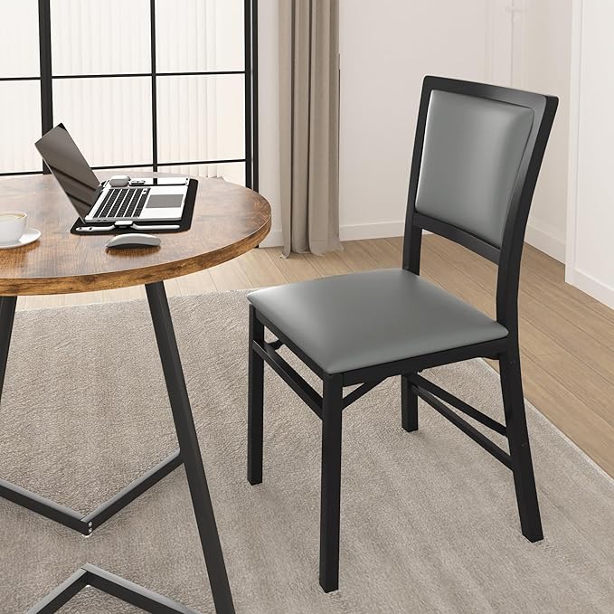 VECELO Folding Chairs Set of 4 with Cushion, Foldable Padded Seats with Heavy Duty Metal Frame for Kitchen/Dining/Living Room, No Assembly & Space Saving Design, Gray & Black