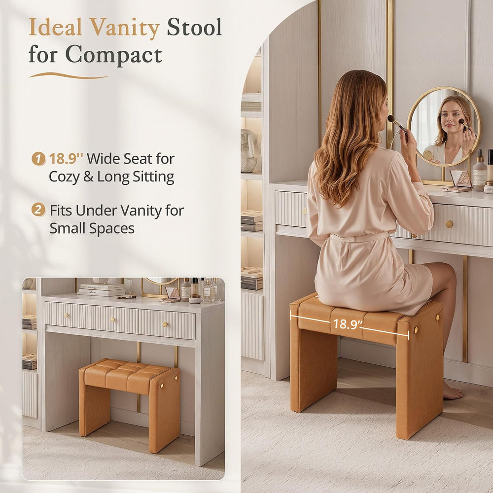 LUE BONA Modern Grid Tufted Vanity Bench Stool, 4.33'' Thick Chenille...
