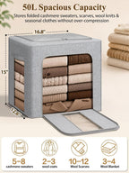 punemi 50L Cashmere Sweater Storage Bags, 2 Pack, Grey | Natural Cedar Balls, Steel Frame, Clear Window, Stackable Design, for Wool, Cashmere & Knit Sweaters