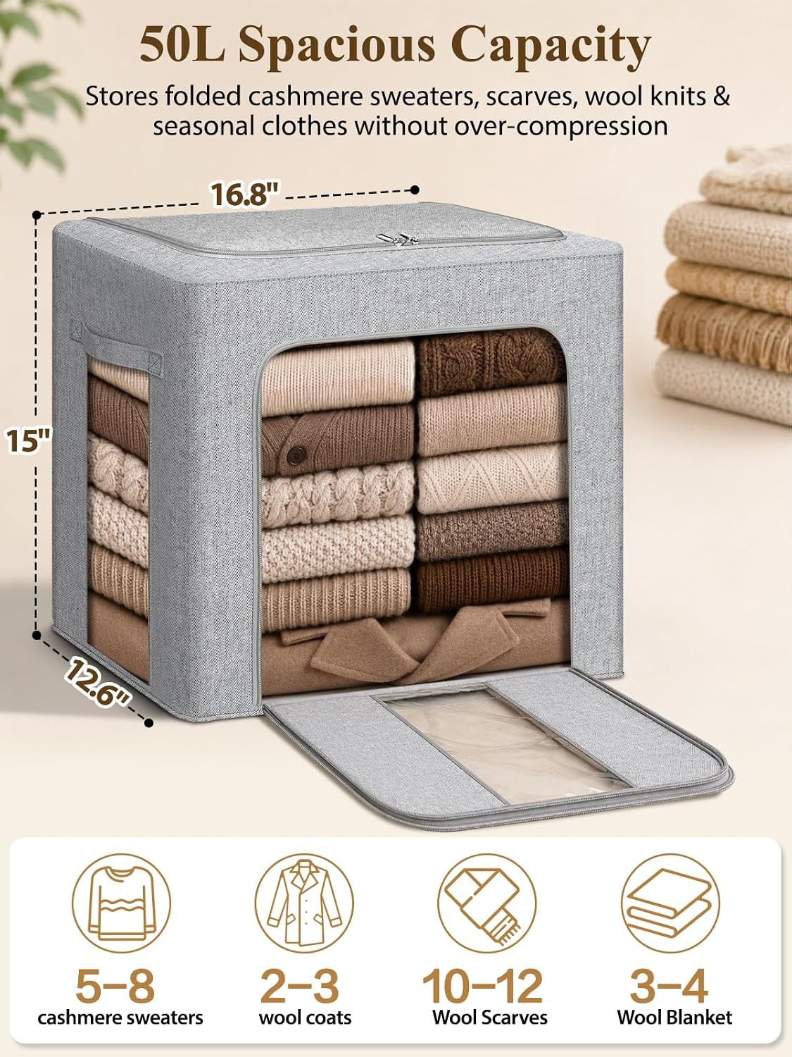 punemi 50L Cashmere Sweater Storage Bags, 2 Pack, Grey | Natural Cedar Balls, Steel Frame, Clear Window, Stackable Design, for Wool, Cashmere & Knit Sweaters