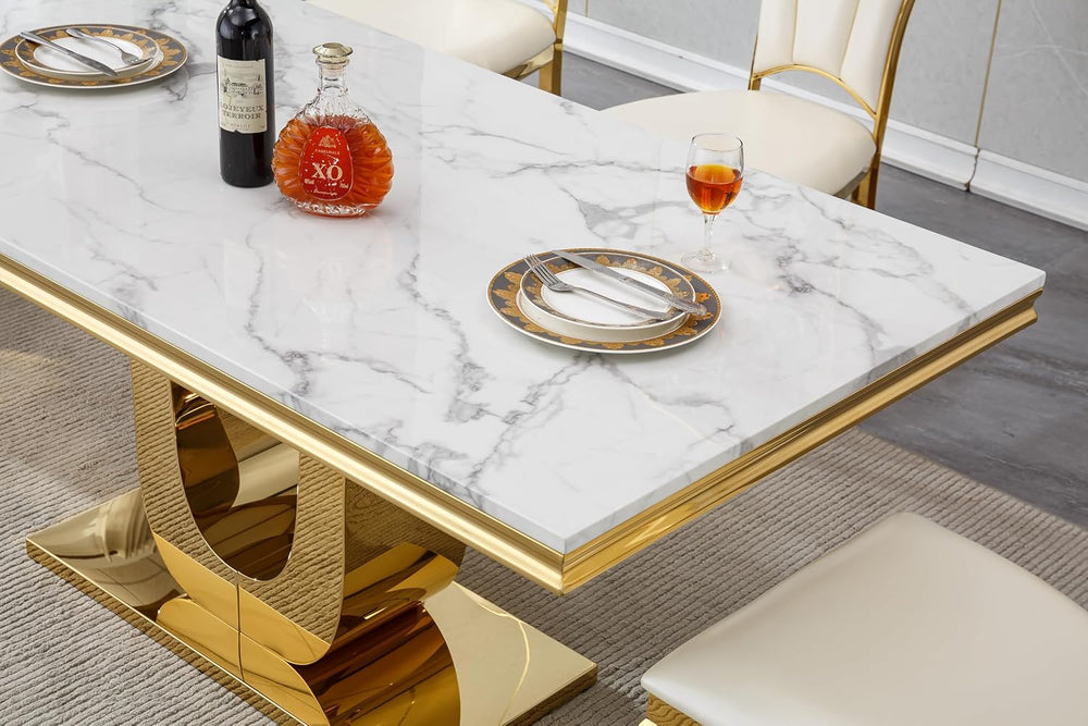 White Marble Dining Table for 6 Modern Luxury Faux Marble Kitchen Table for 6...