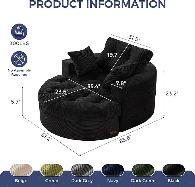 MAXYOYO Modular Sectional Chaise Lounge Sofa, Round Upholstered Lounge Chair with Ottoman, Comfy Couch with Layered Cushion, Tufted Sleeper Chair for Living Room, No Assembly, Black