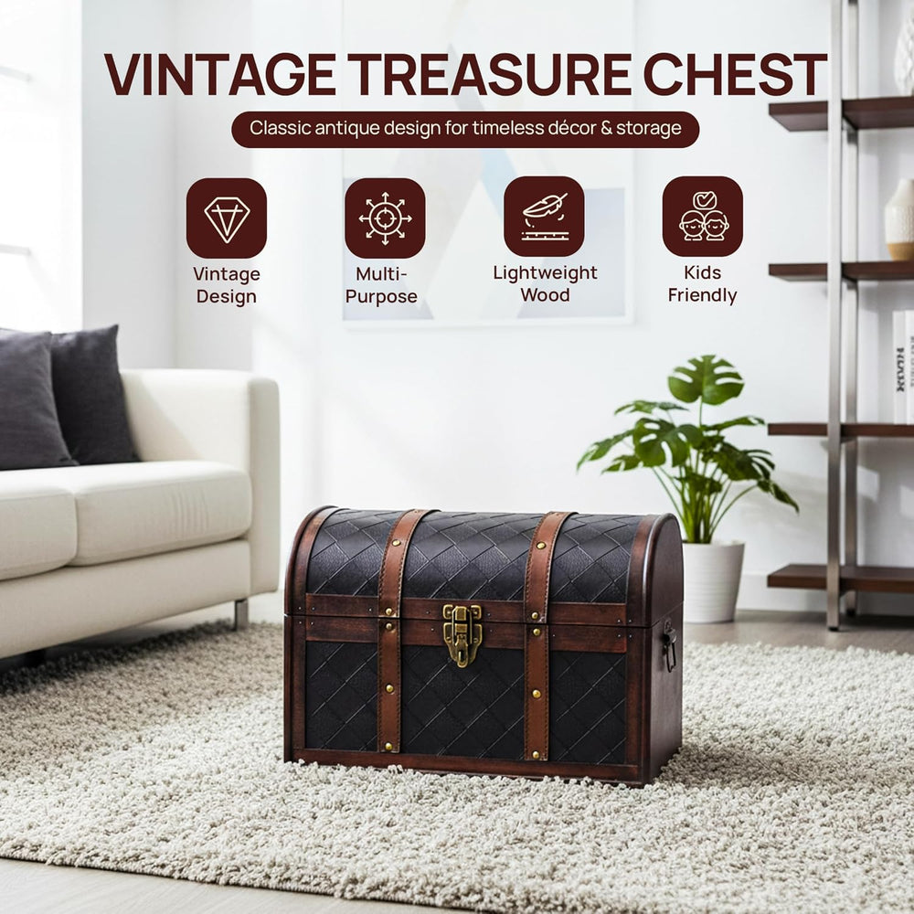 Vintiquewise Wooden Leather Treasure Chest Vintage Trunk, Small Storage Chest...
