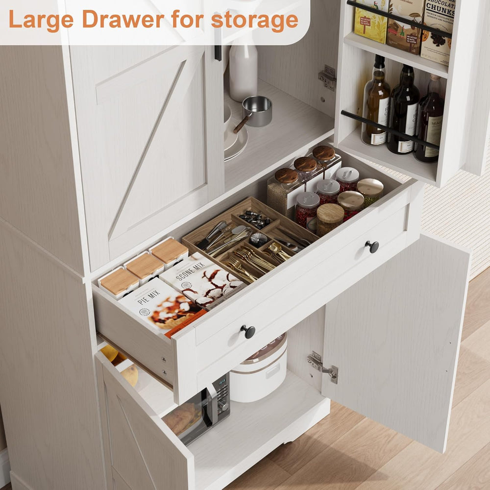 Garvee 71" Kitchen Pantry Cabinet, Barn Door Freestanding Cupboard with ...