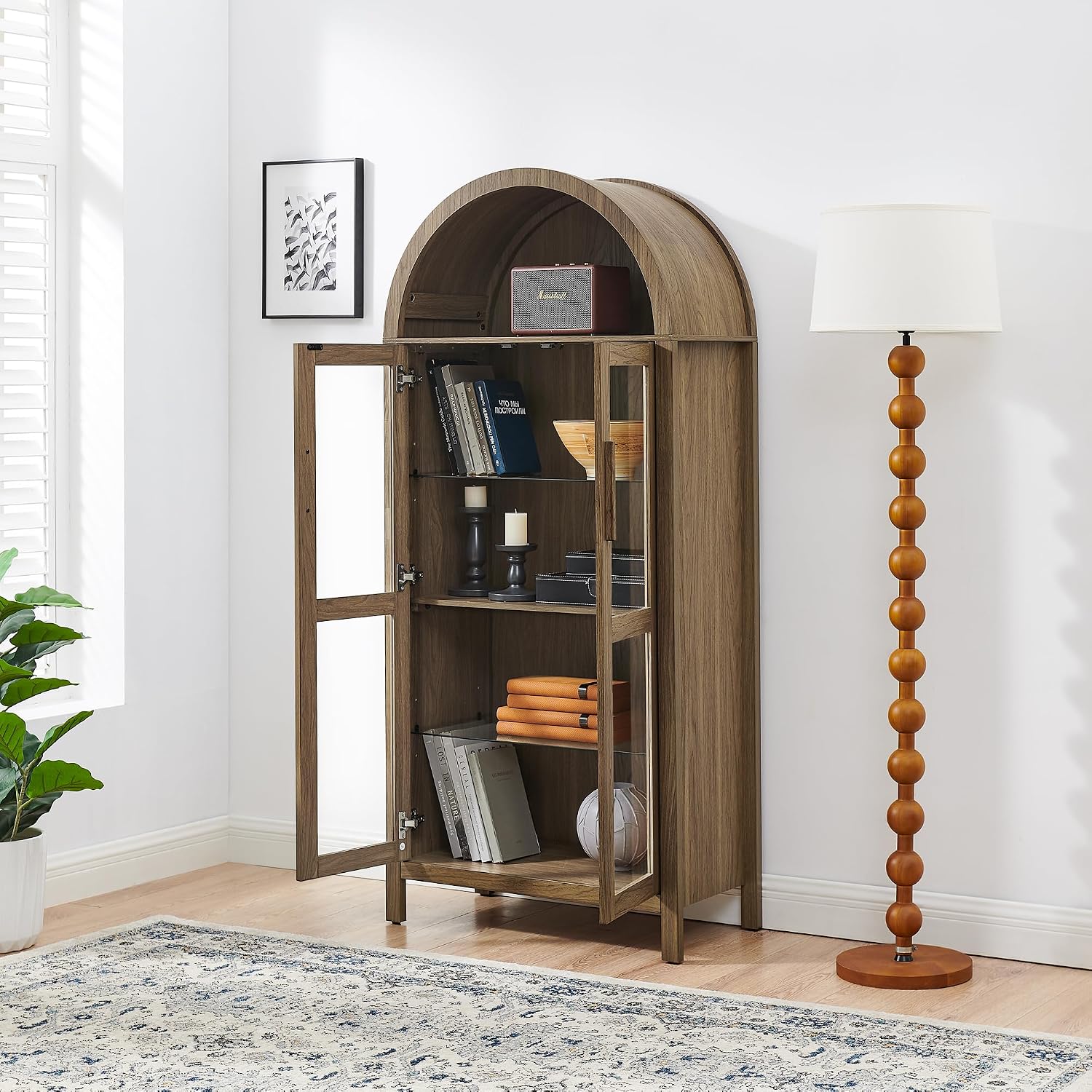 JIJIWANG Tall Wooden Arched Cabinet,LED Arched Kitchen Pantry Cabinet with Doors & Shelves,Modern Retro-Style Wooden Storage Cabinets with Adjustable Glass Partitions for Dining Room,Brown