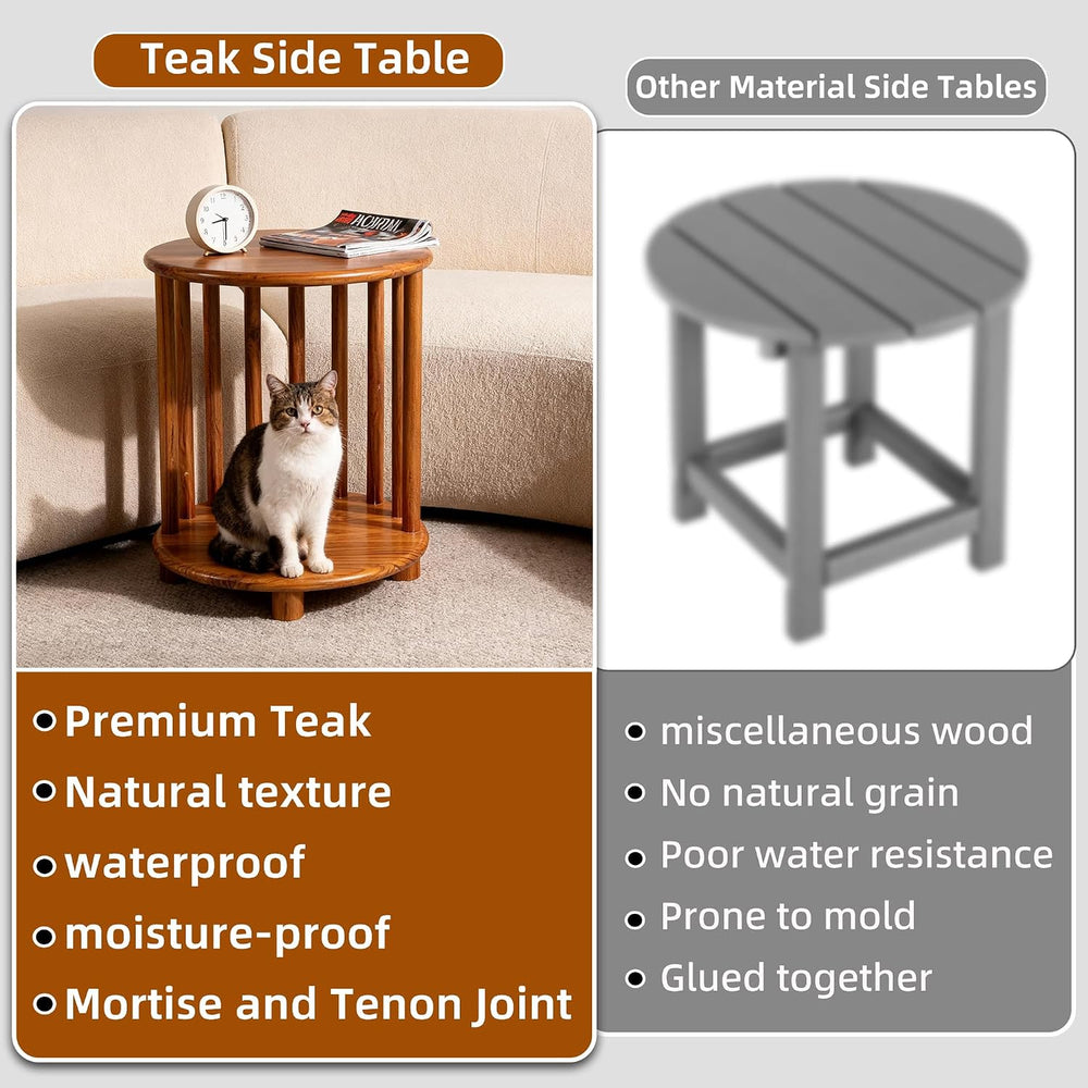 Round Teak End Table with Storage, Nightstand Sofa Side Table for Living Room...