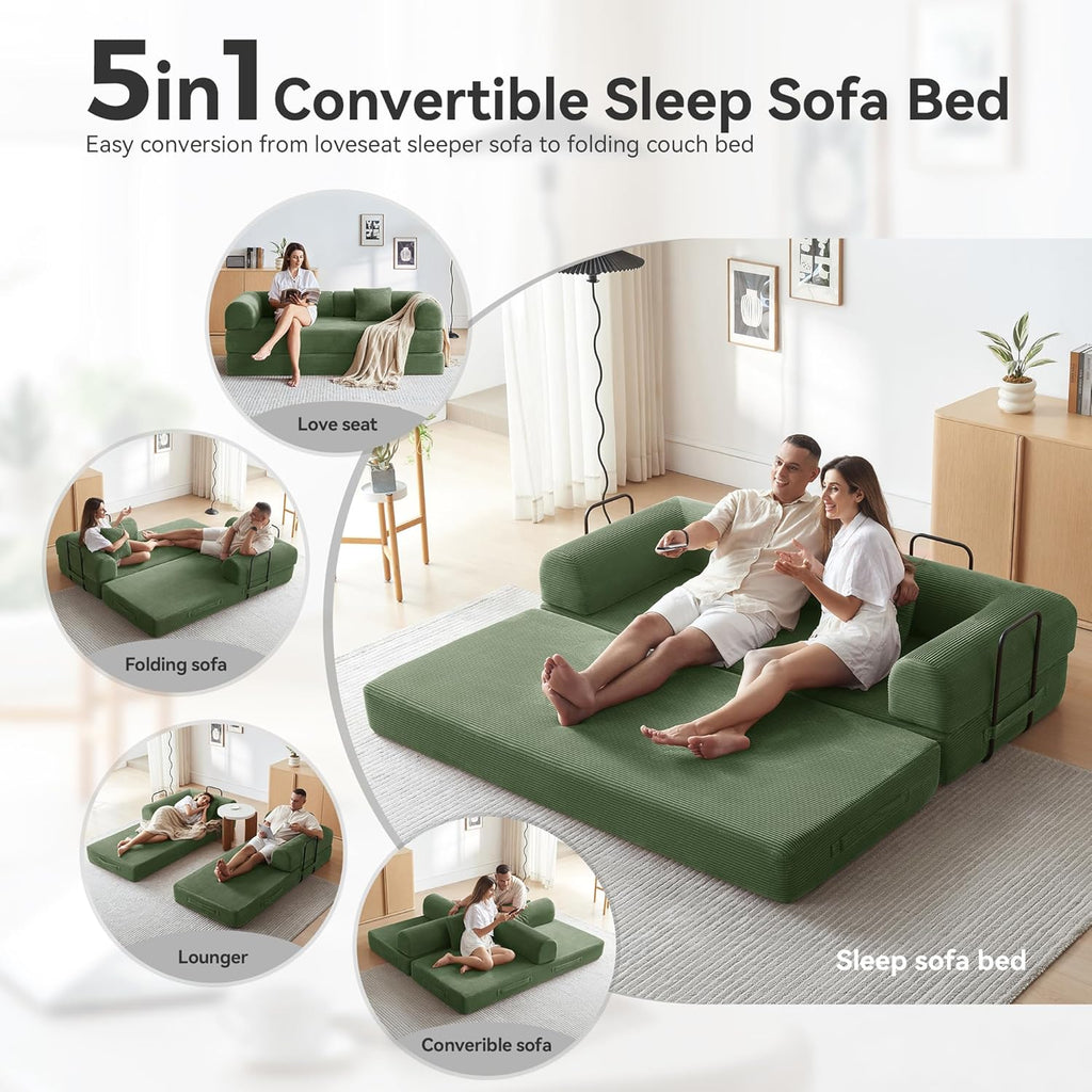 Convertible Floor Sofa Bed with Fixed-Shape Frame, King Size Floor Sleeper 5-in-1 DIY Combination Modular Sofa, Modular Chenille Folding Mattress Couch for Living Room Bedroom Playroom (Green)