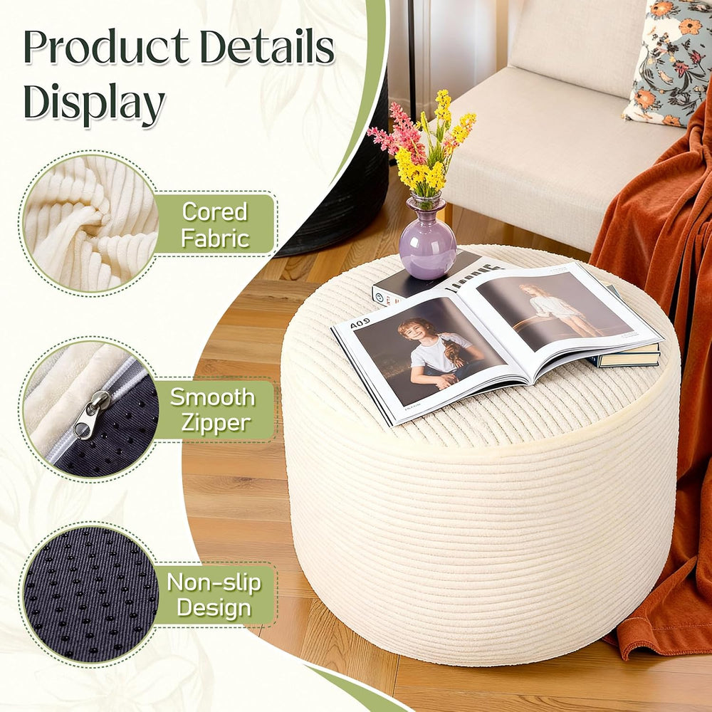 Round Corduroy Footstool Pouf for Couch | Soft plush shredded foam filled has...