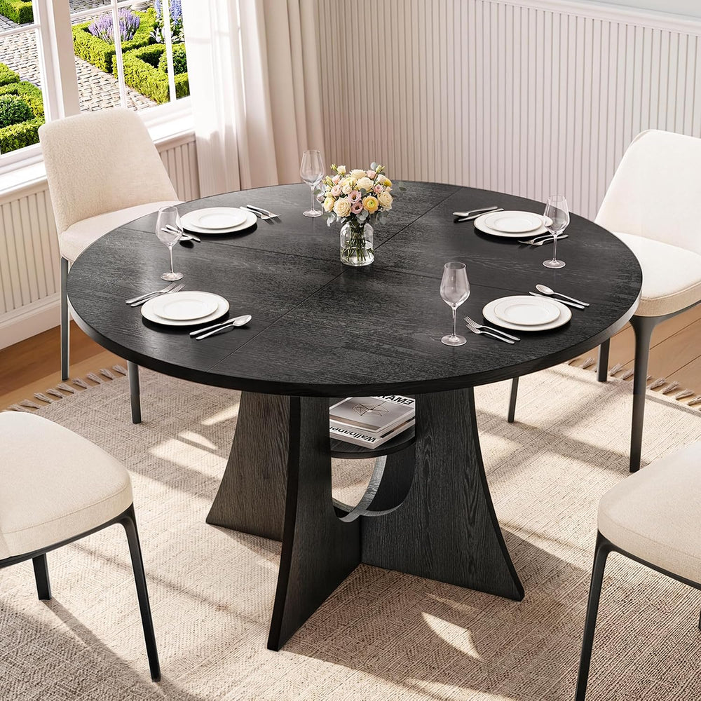 47-Inch Round Dining Table for 4-6, Sculptural Base, Black