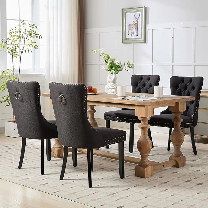 Modern Dining Chairs Set of 2, Tufted Upholstered Dining Chairs with Solid Wood Legs, Black Linen Fabric Kitchen Chair, Sillas de Comedor, Comfy Kitchen Chair (Black, Linen, 2Pcs)
