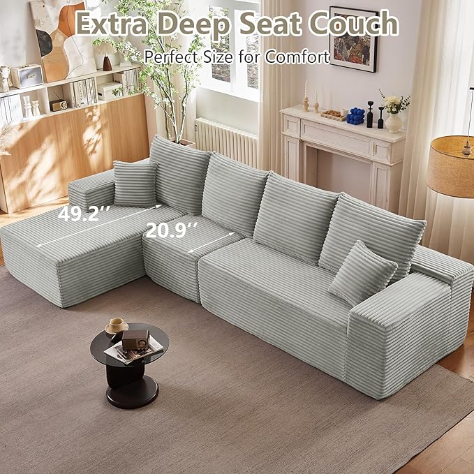 135" Cloud Sectional Couch with L-Shape Chaise, Upholstered Corduroy Couches Sleeper Chaise Longue, Modern Modular Comfy Deep Seat Sofa for Living Room Bedroom, No Assembly Required, Grey