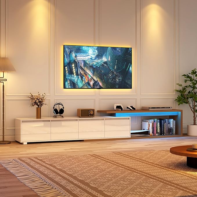 Extendable TV Stand with LED Light, Modern Entertainment Center for up to 120 Inch TV, Wood TV Media Console with 2 Drawers & 2 Cabinets for Living Room Bedroom, 75"-110", High Gloss White & Walnut