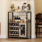Bar Cabinet, Industrial Wine Cabinet with Removabl Glass Rack, Liquor Storage Cabinet with Adjustable Wine Rack, Home Bar with Mesh Doors and Baffle, Grey Without Light