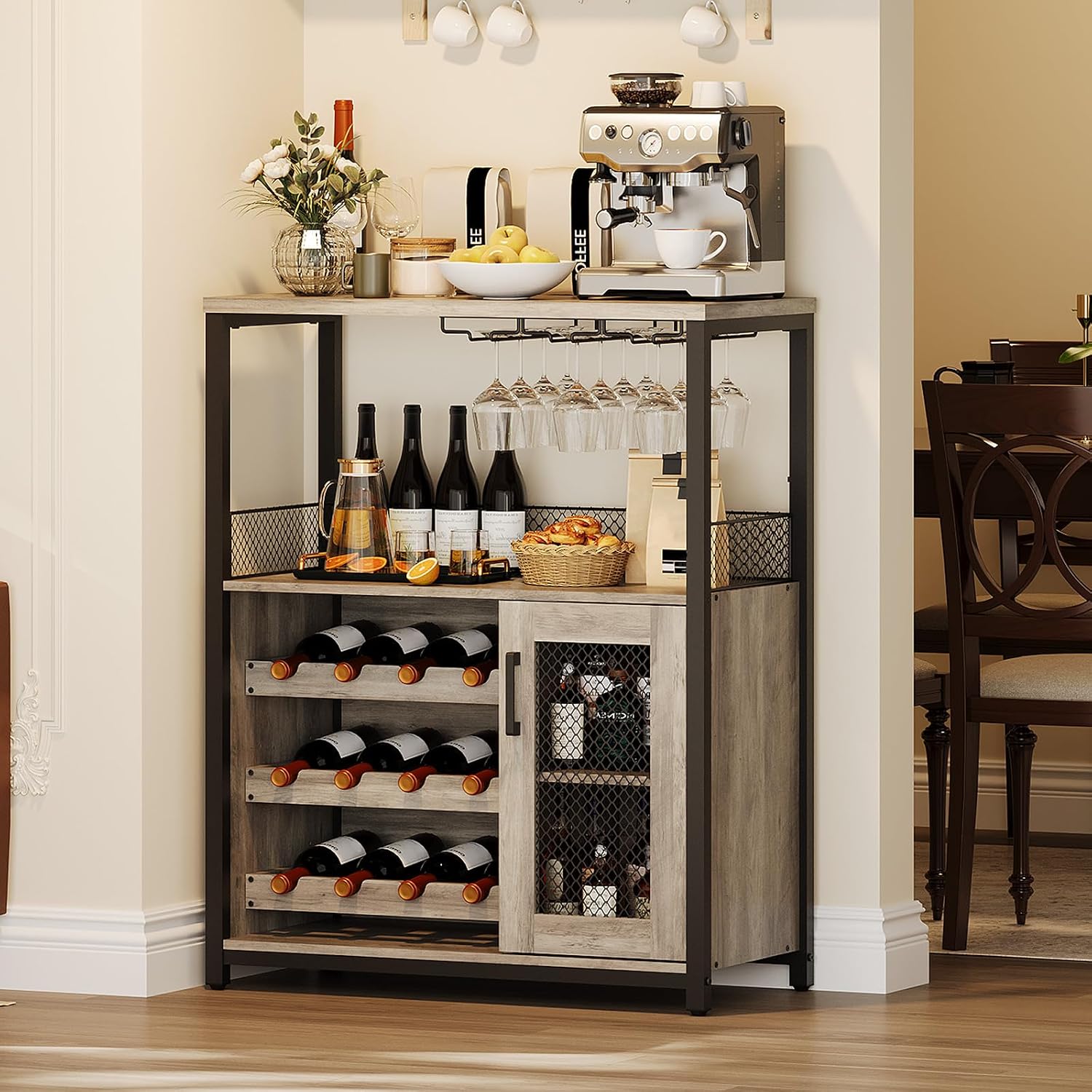 Bar Cabinet, Industrial Wine Cabinet with Removabl Glass Rack, Liquor Storage Cabinet with Adjustable Wine Rack, Home Bar with Mesh Doors and Baffle, Grey Without Light