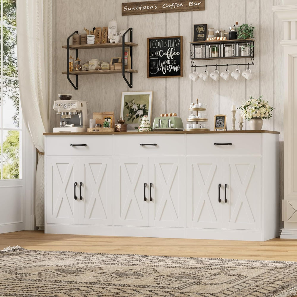 HOSTACK 71"W Farmhouse Kitchen Sideboard Buffet Cabinet with Storage, White