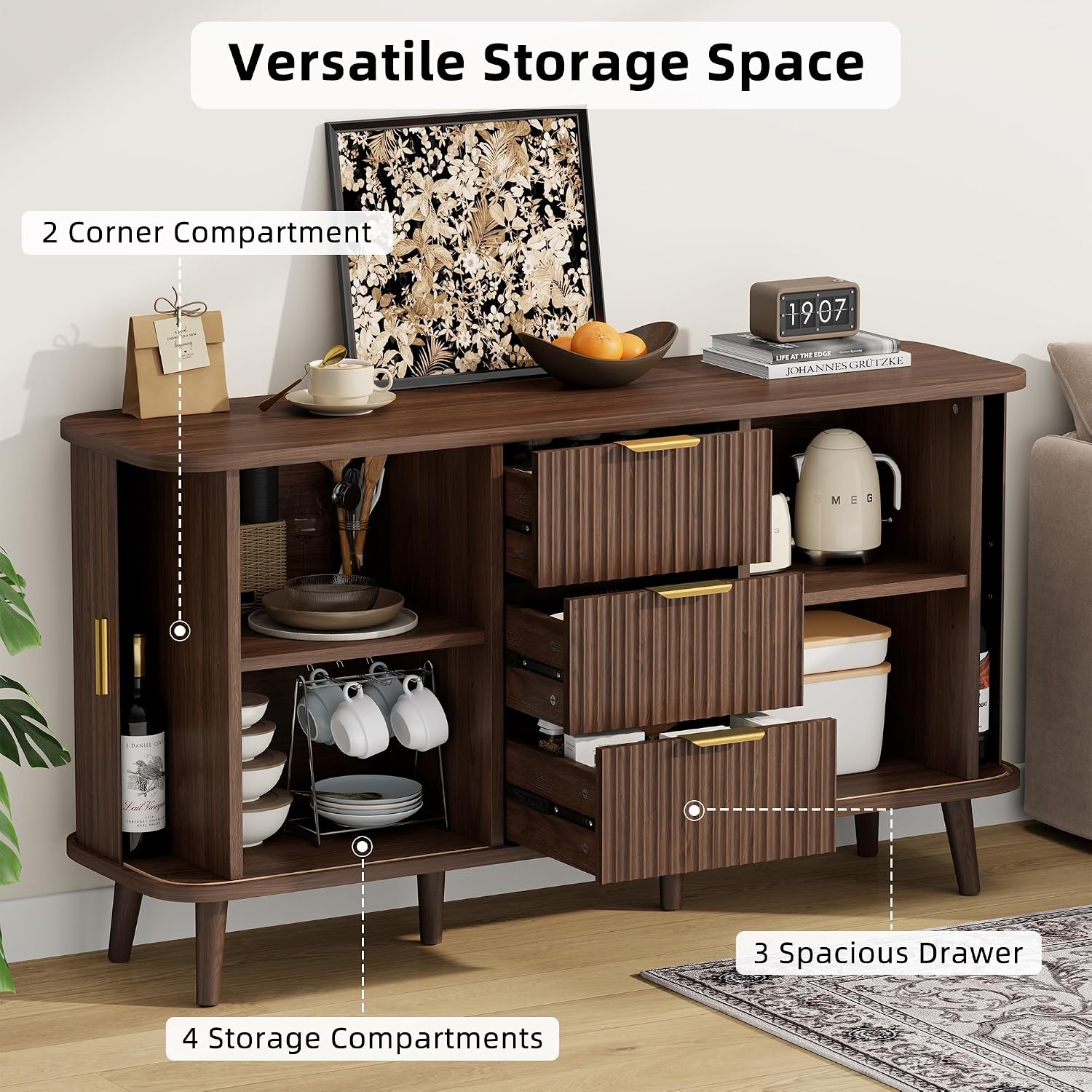 Lulive Walnut Buffet Cabinet, 55" Wide Sideboard Buffet Storage Cabinet | Rolling & Sliding Doors, 3 Wood Drawers, Bar Cabinet for Dining Room, Adjustable Shelves, Wooden Legs