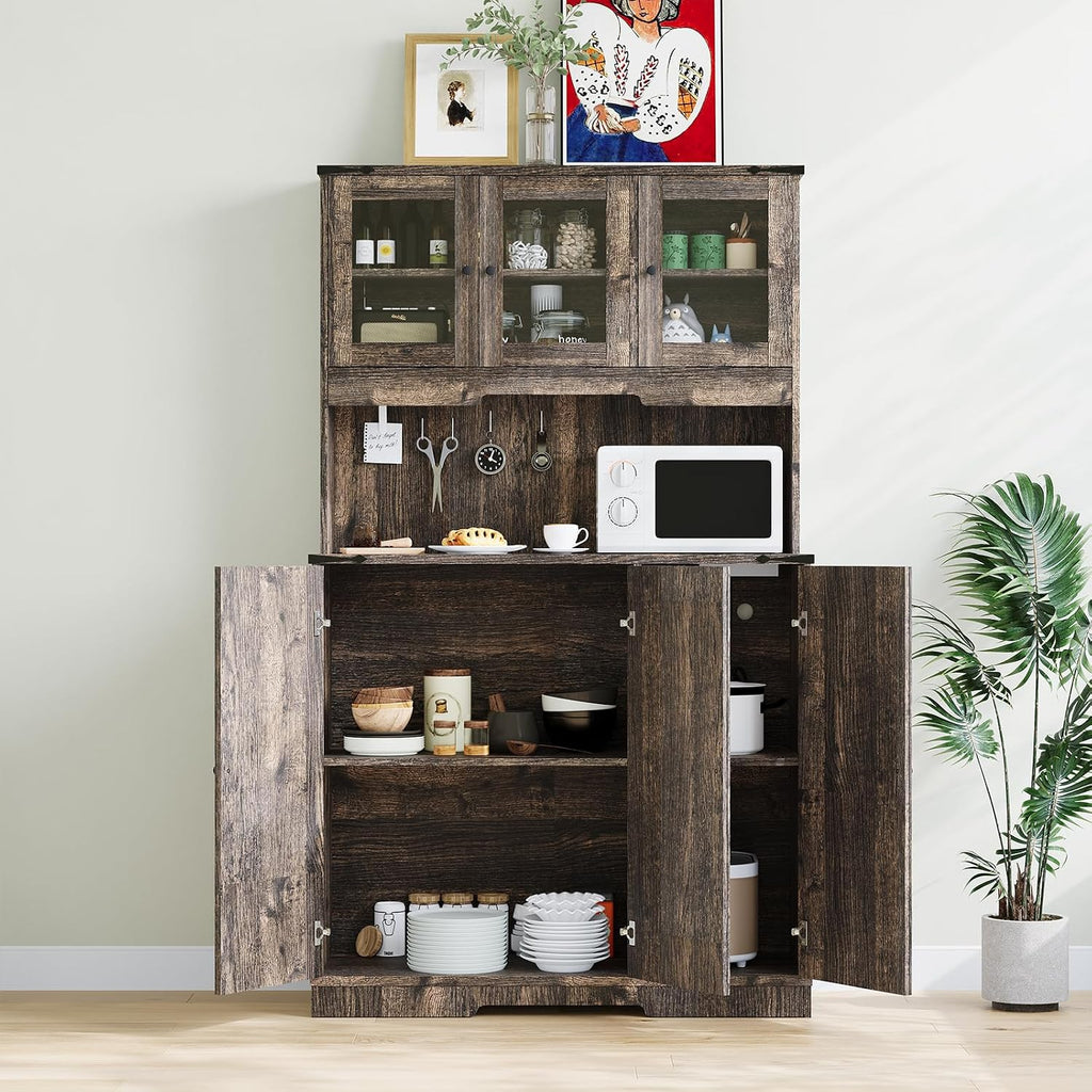 GAOMON Kitchen Pantry Storage Cabinet, Farmhouse 70inch Hutch Cupboard Sideboard Buffet Coffee Bar Cabinet with Charging Station for Dining Room, Brown