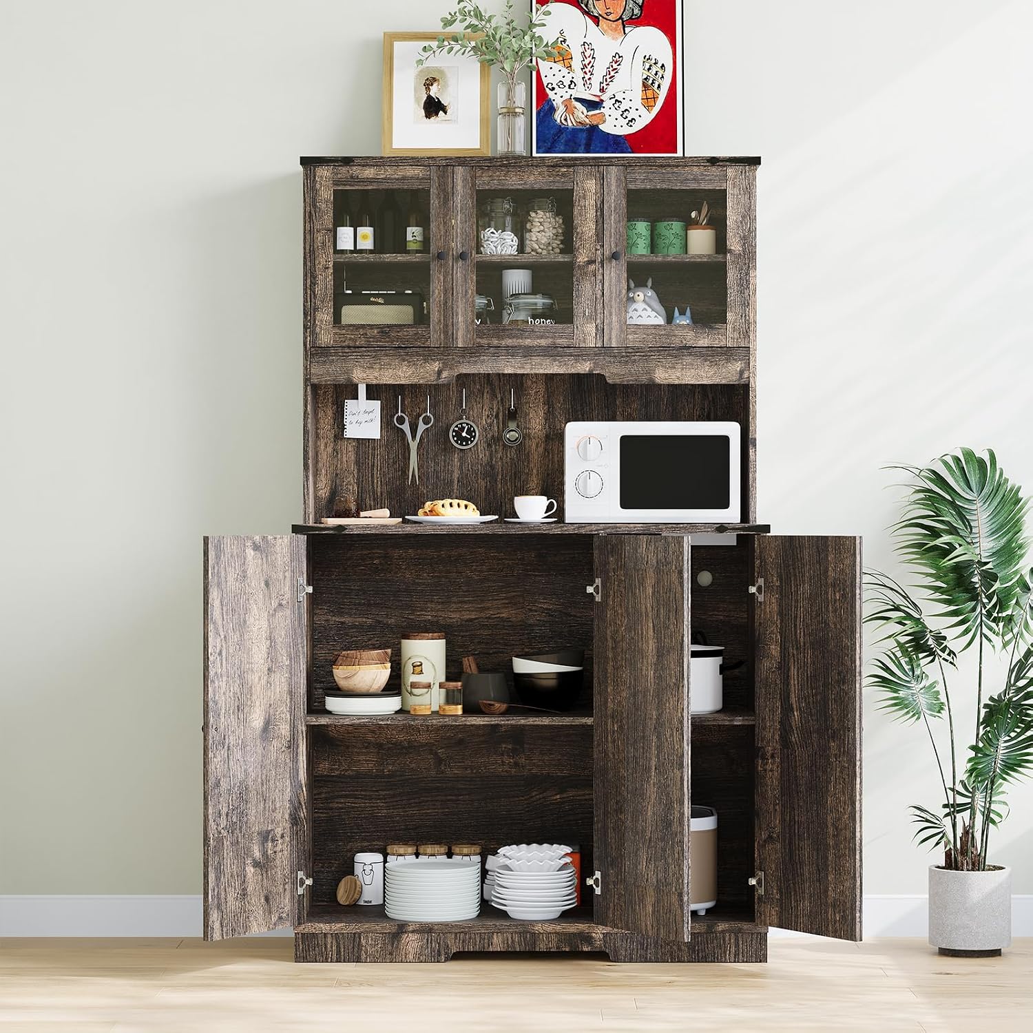 70in Tall Kitchen Pantry Cabinet, Wood High Freestanding Cupboard Storage Cabinet Farmhouse Coffee Bar with Charging Station and Adjustable Shelf for Dining Room, Dark Oak