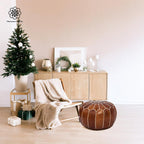 Moroccan Leather Handmade Pouf Ottoman Cover, Unstuffed Foot Stool, Round Boho Footrest for Living Room, Bedroom, Home Decor Gift (Dark Tan By White)