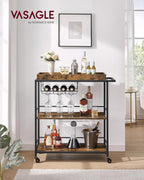 VASAGLE Kitchen Serving Cart with Removable Tray, 3-Tier Kitchen Utility Cart on Wheels with Storage, with Brakes, Leveling Feet, 15.7 x 34.6 x 37.8 Inches, Rustic Brown and Black ULRC093B01