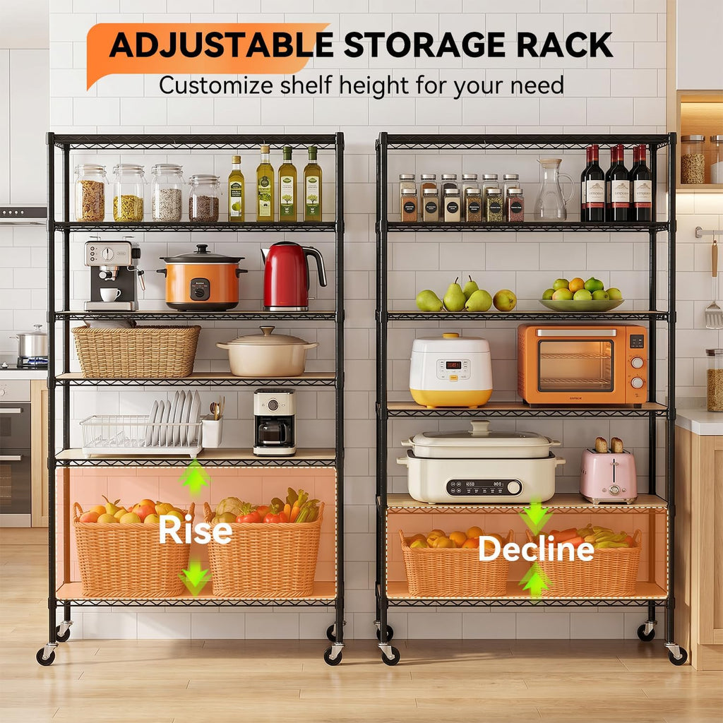 BestOffice | 6-Tier Wire Storage Shelves with PP Shim | 18x45x82 | Black | Wheels | Adjustable Racks | Heavy-Duty Metal Shelf, Holds Upto 2100 lbs | No-Tool Assembly | Ideal for Home & Garage Shelving