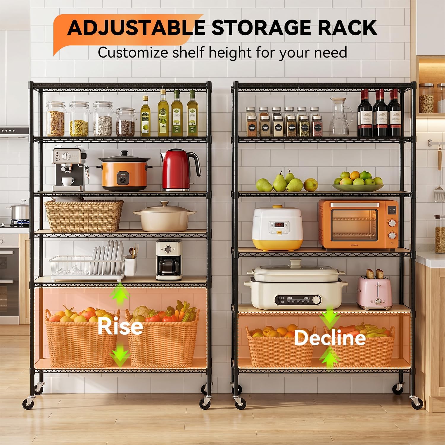BestOffice | 6-Tier Wire Storage Shelves with PP Shim | 18x45x82 | Black | Wheels | Adjustable Racks | Heavy-Duty Metal Shelf, Holds Upto 2100 lbs | No-Tool Assembly | Ideal for Home & Garage Shelving