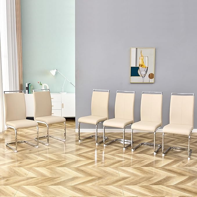AZmac Modern Leather Dining Chairs Set of 6,Armless Kitchen Chairs,Dining Room Chairs with Upholstered Padded Seat and Sturdy Chrome Legs for Dining Room,Kitchen (Set of 6, Beige)
