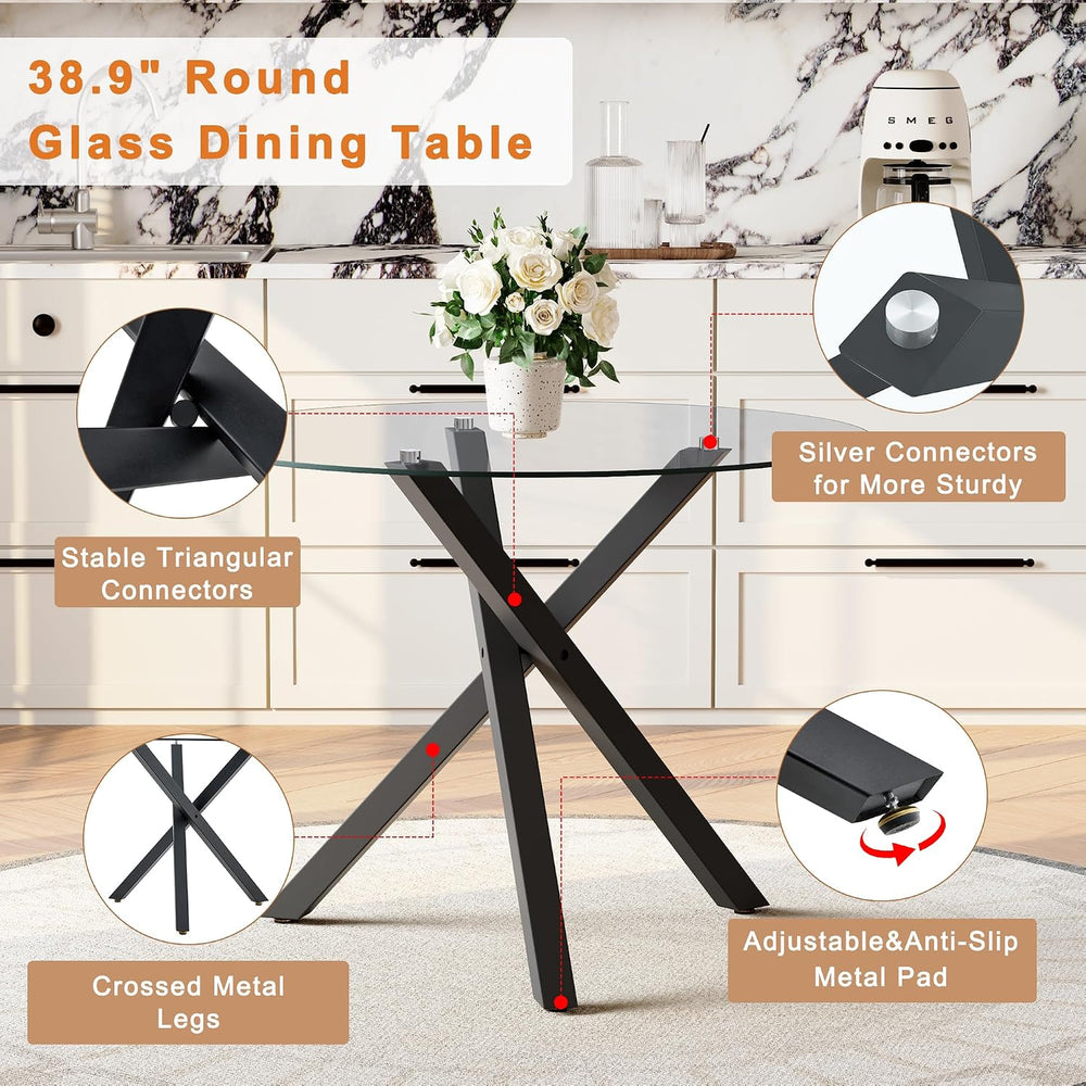 Round Dining Table Set for 4, 39" Glass Dining Table Set with Black Adju...