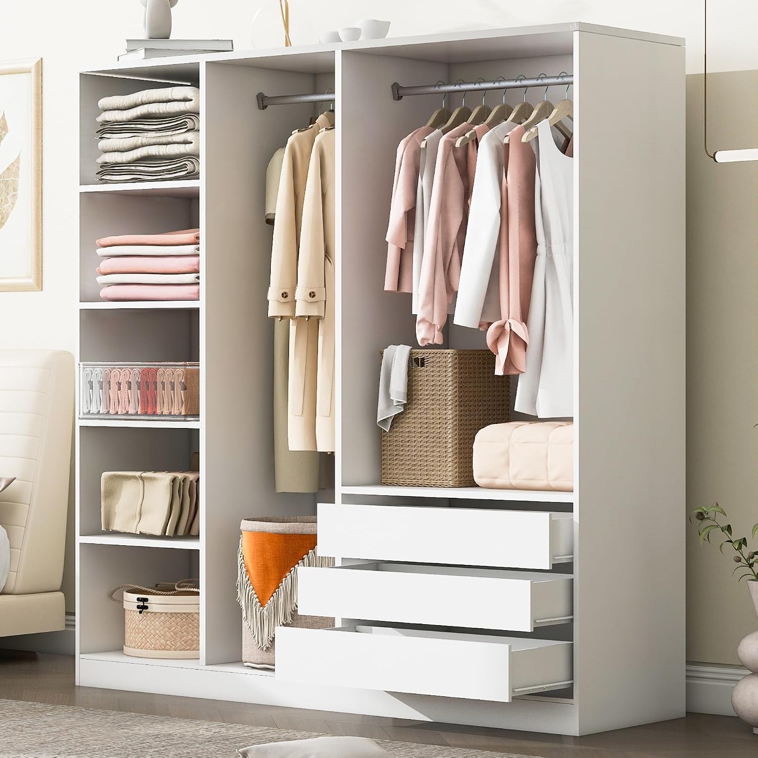 Merax Doorless Wooden Storage Wardrobe with Shelves and 3 Drawers, Functional Clothes Cabinet for Bedroom, Apartment