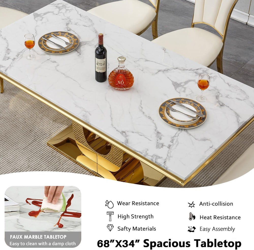 7-Piece Dining Table Set with 6 Beige Upholstered Chairs, 68" White Gold...
