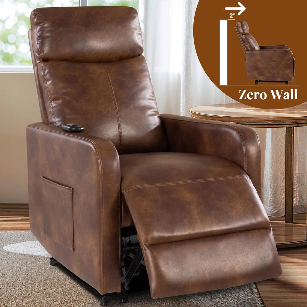 Zero Wall Power Recliner Chairs, Small Recliner for Small Spaces and Petite People Man Woman (1, Faux Leather Light Brown)