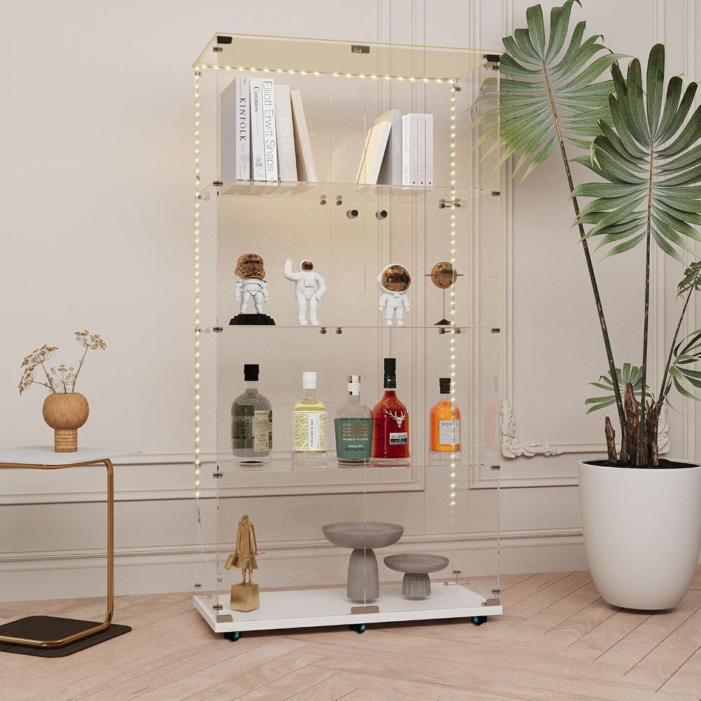 Glass Display Cabinet with LED Light Strip, 4 Shelves with 2 Doors, Glass Top...