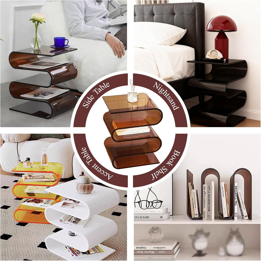 S-Shaped Acrylic Side Table with Magazine Bookshelf Modern Nightstand for Liv...